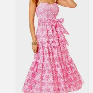 Lilly Pulitzer NWT Edith Belted Eyelet Midi Dress Soleil Pink Size 12